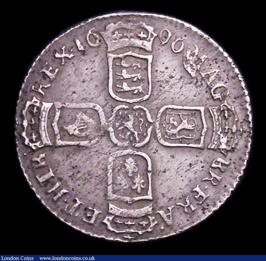 London Coins : A155 : Lot 666 : Sixpence 1696N First Bust, Early Harp, Large Crowns ESC 1538 VF/GVF with some haymarking, scarce