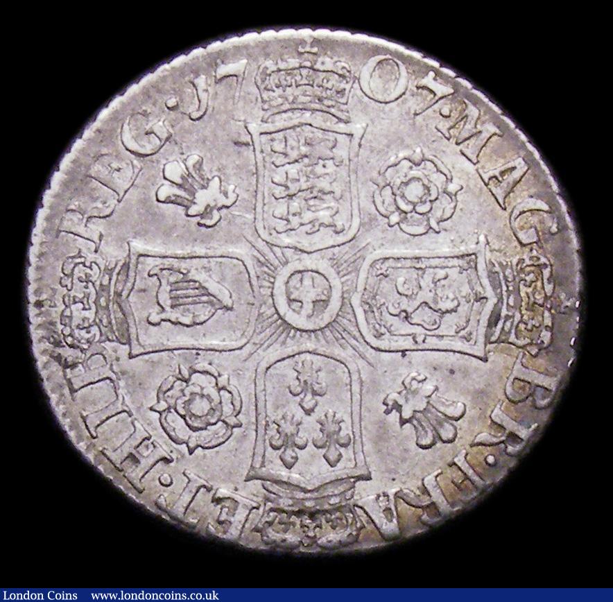 London Coins : A155 : Lot 675 : Sixpence 1707 Roses and Plumes ESC 1586 NVF the obverse with a couple of small spots