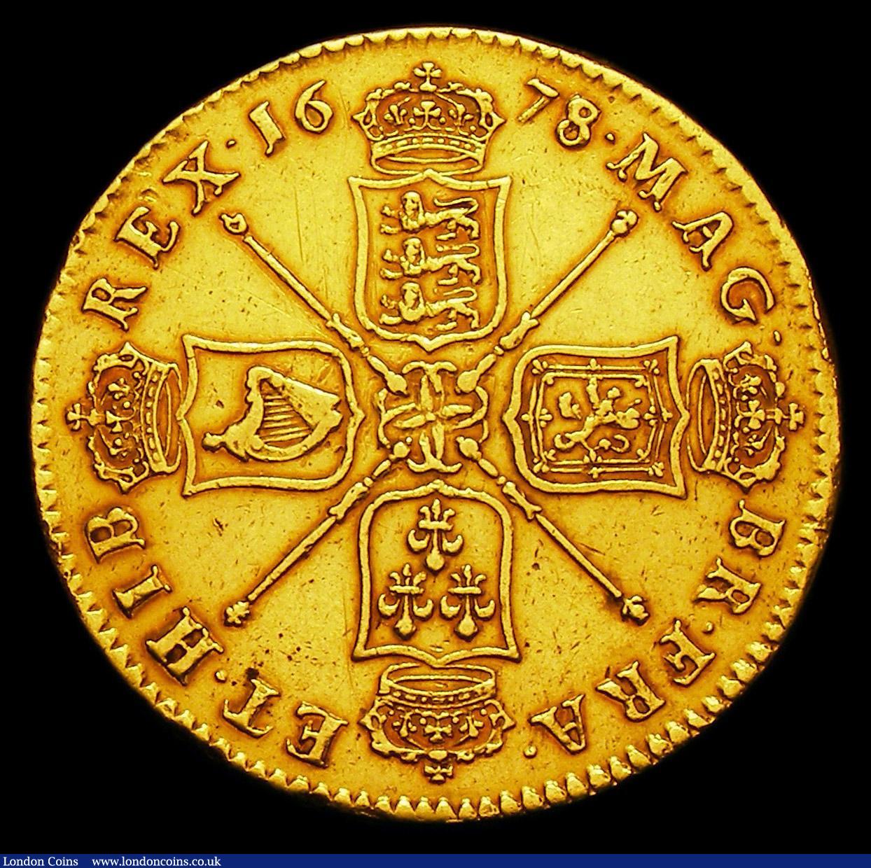 London Coins : A155 : Lot 855 : Five Guineas 1678 Second Bust 8 over 7 S.3331 VF with a gentle edge bruise at 8 clock