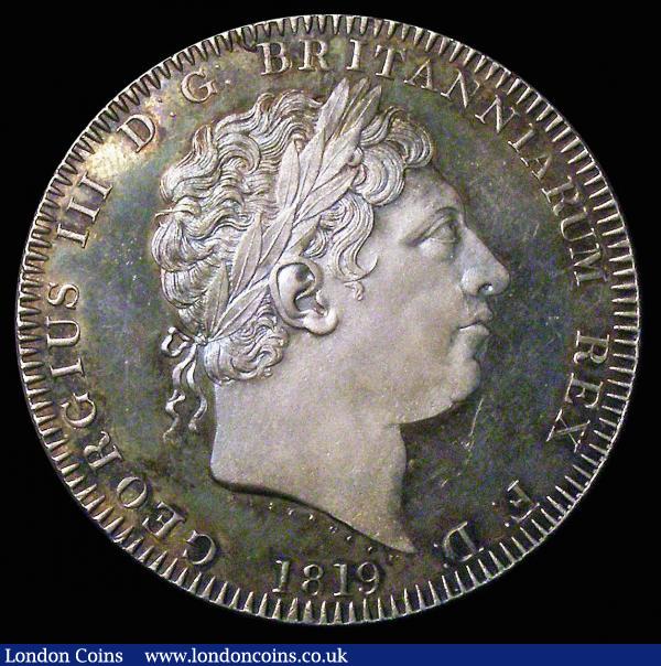 Crown 1819 LIX ESC 215 UNC or near so, with some light contact marks, the portrait frosted, fields with blue, green and gold toning and with exceptional eye appeal : English Coins : Auction 156 : Lot 1883