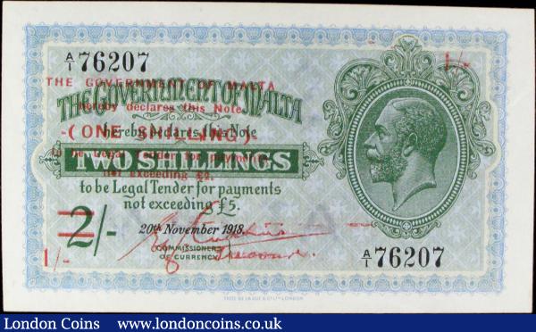 Malta Government 1 shilling on 2 shillings KGV Provisional issue 1940 (old date 1918) series A/1 76207, Pick15a, EF to GEF : World Banknotes : Auction 156 : Lot 260