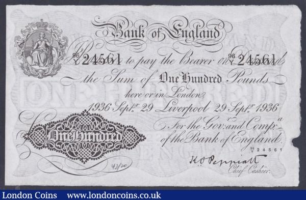 One hundred pounds Peppiatt white B245e dated 29th September 1936 series 96/Y 24561, LIVERPOOL branch issue, small inked number bottom centre, Pick339b, almost UNC : English Banknotes : Auction 156 : Lot 35