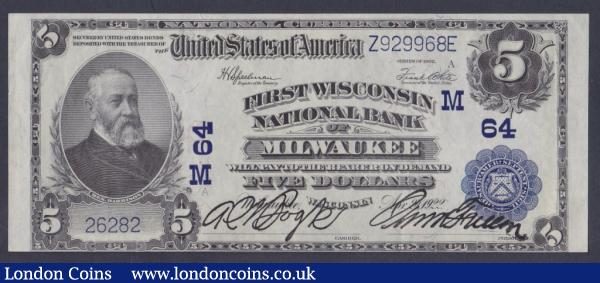 USA $5 National Currency dated 24th April 1922 series Z929968E, (Charter 64), The First Wisconsin National Bank of Milwaukee, Speelman & White signatures at top plus 2 manuscript signatures at bottom, Pick not listed (Friedberg 609--S-1356), GVF : World Banknotes : Auction 156 : Lot 418