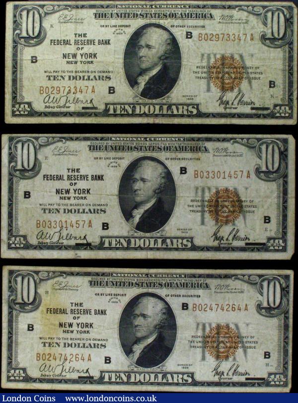 USA Federal Reserve Bank of New York National Currency $10 (3) all dated 1929, Pick396, average Fine : World Banknotes : Auction 156 : Lot 427
