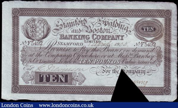 Stamford, Spalding and Boston Banking Company £10 dated 1905, triangular cut cancelled, (Outing 2036h), GEF : English Banknotes : Auction 156 : Lot 66