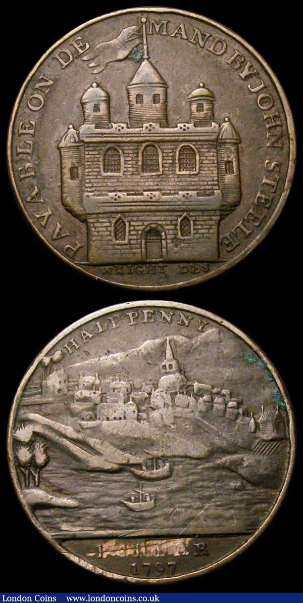 Halfpennies 18th Century Scotland - Angusshire (3) Forfar 1797 Castle/View of town DH26 Good Fine/Fine, Dundee (2) undated Arms/Legend in 6 lines, Stop after DUNDEE Plain edge DH12 Good Fine, undated Arms/Legend in 6 lines, No stop after DUNDEE DH13 Good Fine  : Tokens : Auction 156 : Lot 803