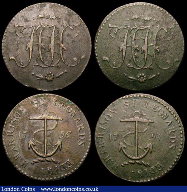 Halfpennies 18th Century Scotland - Lothian, Edinburgh (4) Archibald's 1796 Shield of Arms/Legend in 4 lines DH12 NEF, Harrisons 1796 Cypher/Anchor DH19 Fine, Harrisons 1796 Cypher/Anchor DH20 (2) both Fine with some pitting  : Tokens : Auction 156 : Lot 805