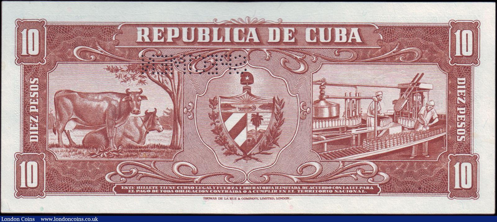 London Coins : A156 : Lot 118 : Cuba 10 pesos De La Rue SPECIMEN No.61, dated 1960 series H000000A, signed Che (Che Guevara), Pick88...