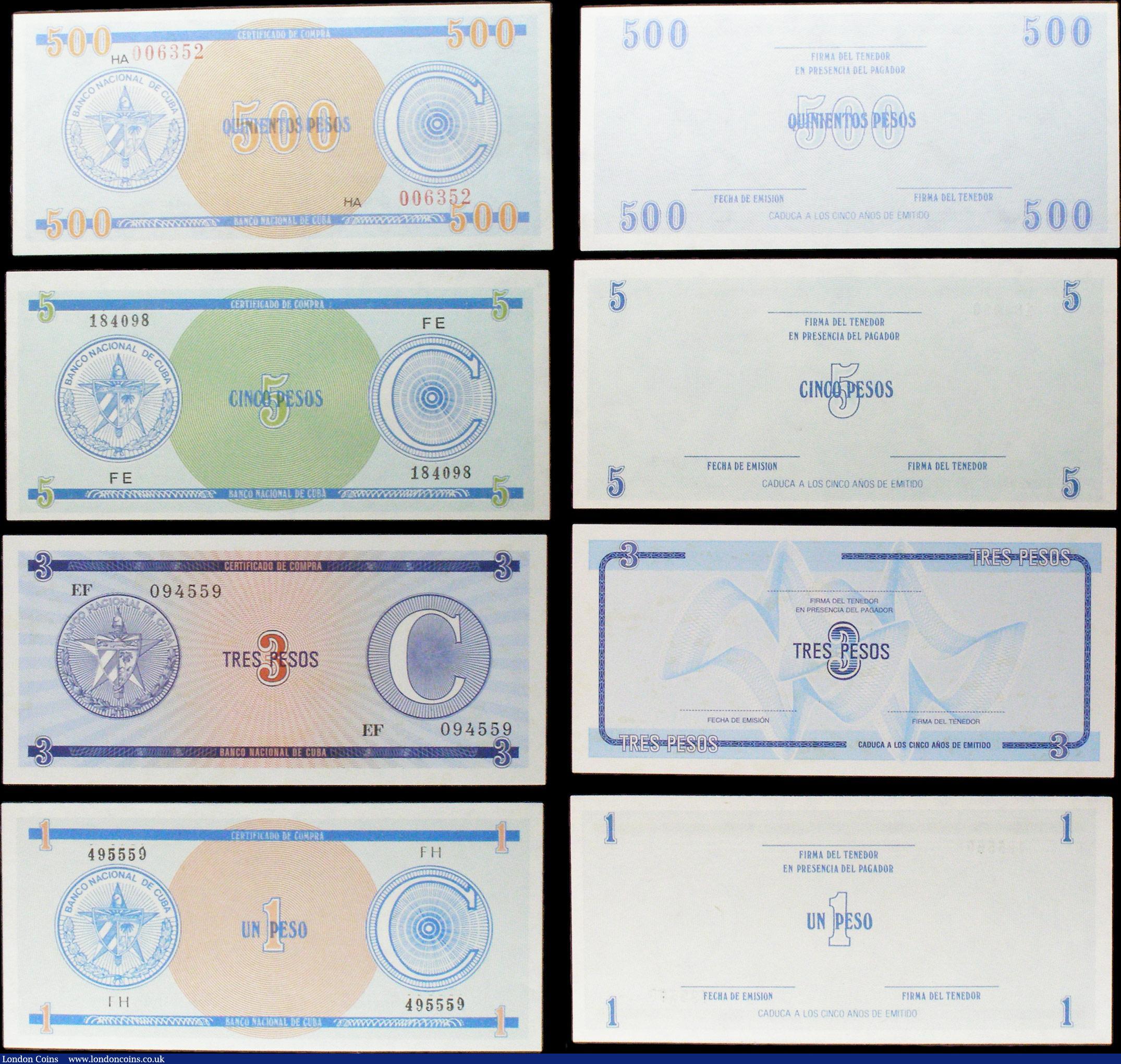 London Coins : A156 : Lot 121 : Cuba foreign exchange notes (8), 1 peso, 3 pesos, 5 pesos, 10 pesos, 20 pesos, 50 pesos, 100 pesos a...