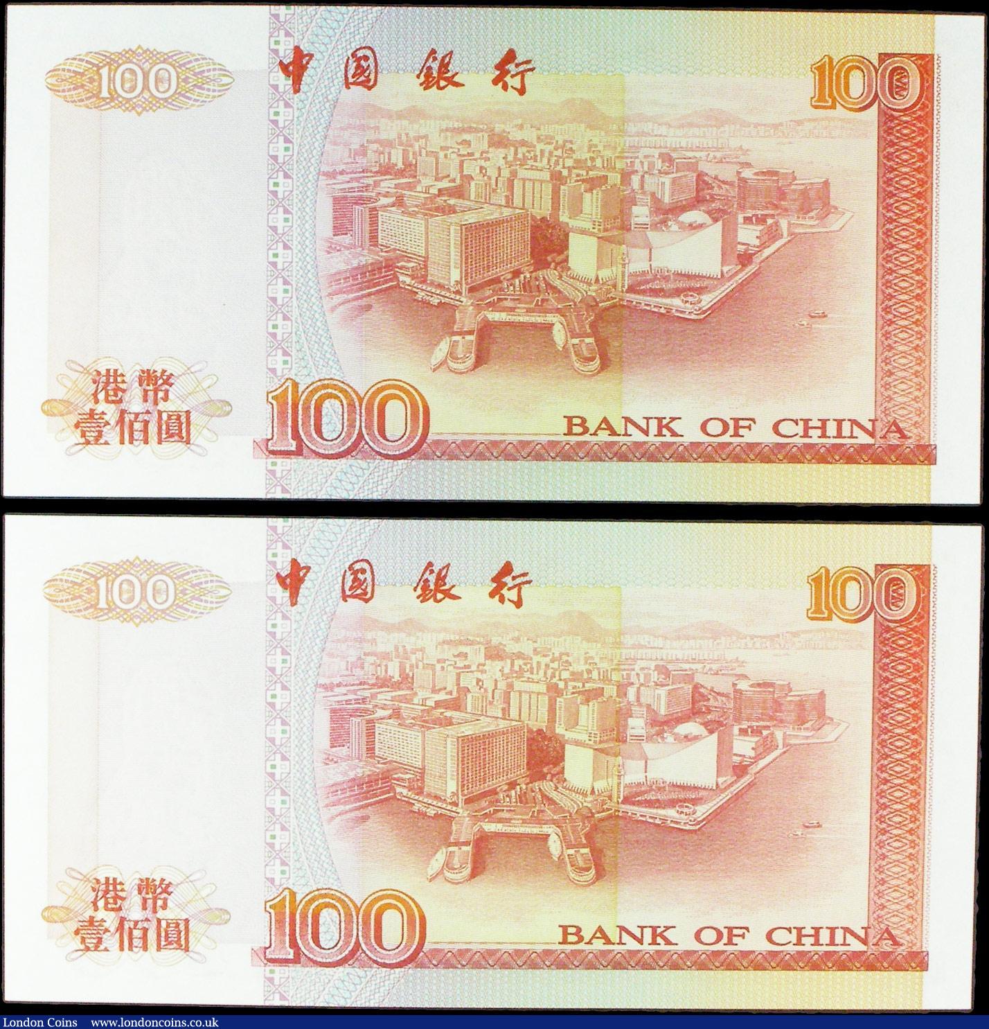 London Coins : A156 : Lot 165 : Hong Kong Bank of China $100 (2) dated 1st May 1994, a first series consecutive pair AA487190 & ...