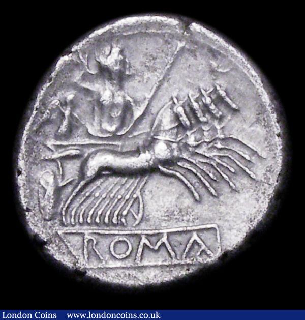 Rome, The Republic, Ar.Quadrigatus (215-213BC) beardless laureate Janiform head, Rev. Jupiter and Victory in quadriga, ROMA in relief on linear frame (RCV33) GVF : Ancient Coins : Auction 156 : Lot 1665