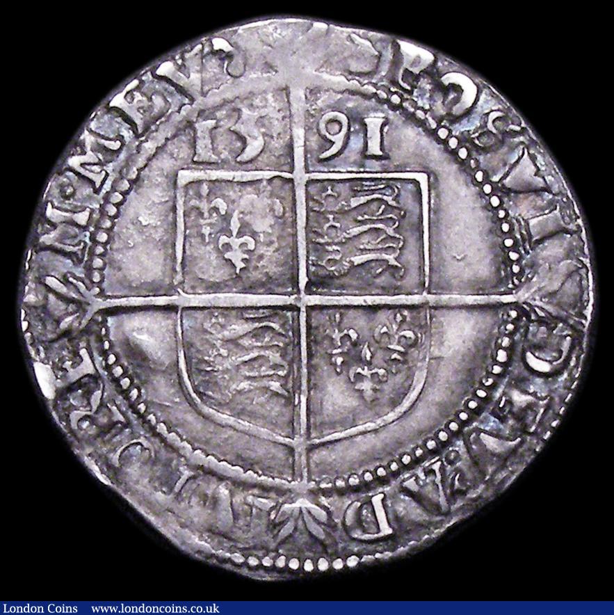 London Coins : A156 : Lot 1813 : Sixpence Elizabeth I 1591 Sixth issue S.2578B mintmark Hand GVF and attractively toned, Ex-S.Mitchel...