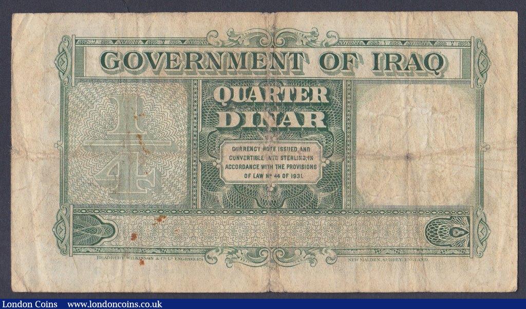 London Coins : A156 : Lot 182 : Iraq 1/4 dinar issued 1945 series V817266, Pick22, pinholes, about Fine and scarce