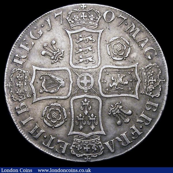Crown 1707 First Bust SEXTO edge, Roses and Plumes ESC 102 EF, slabbed and graded LCGS 60 : English Coins : Auction 156 : Lot 1857