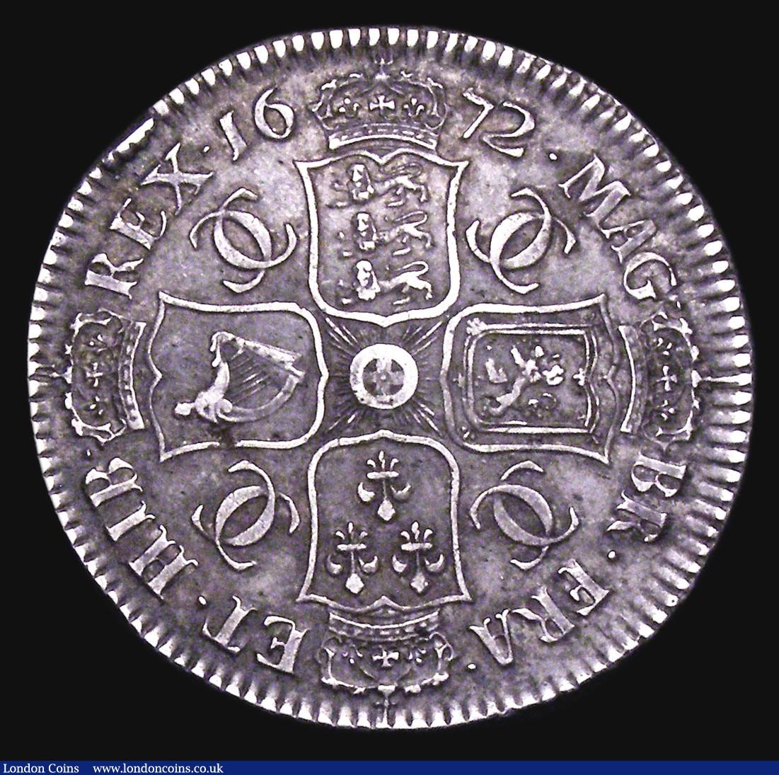 London Coins : A156 : Lot 2157 : Halfcrown 1672 VICESIMO QVARTO Fourth Bust ESC 472 VF with an edge nick by REX and a small flan flaw...