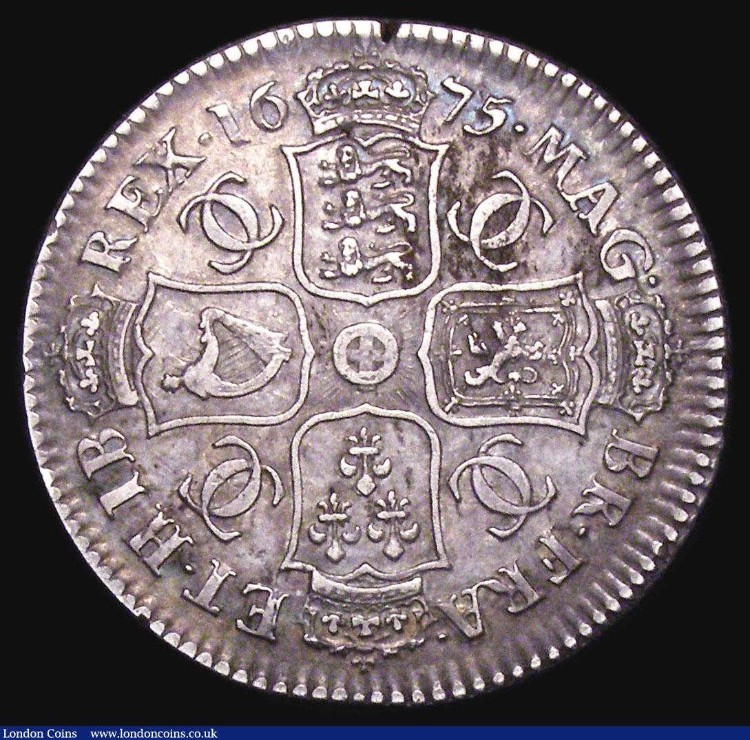 London Coins : A156 : Lot 2159 : Halfcrown 1675 Retrograde 1 ESC 477A NVF with some haymarking and an edge nick at the top of the rev...