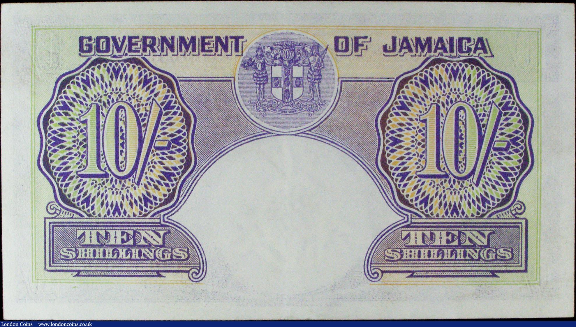 London Coins : A156 : Lot 218 : Jamaica 10 shillings dated 15th June 1950 series 63C 96002, KGVI at left, Pick39, (2 tiny pinholes t...