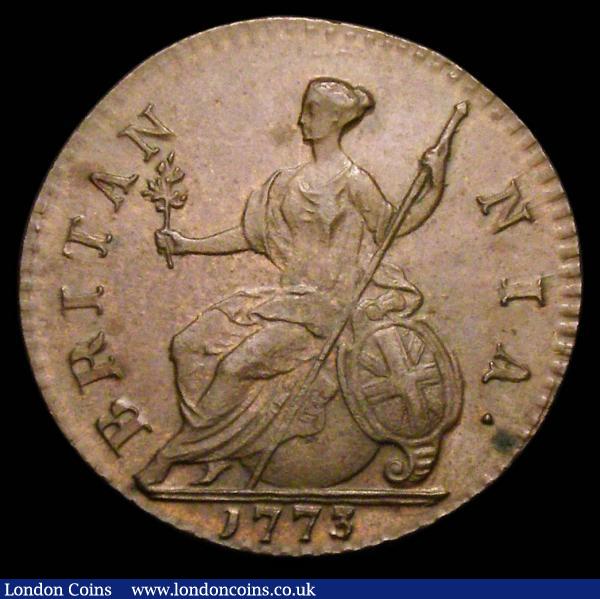 Halfpenny 1773 Peck 904 AU/GEF and nicely toned, comes with old collector's ticket : English Coins : Auction 156 : Lot 2339