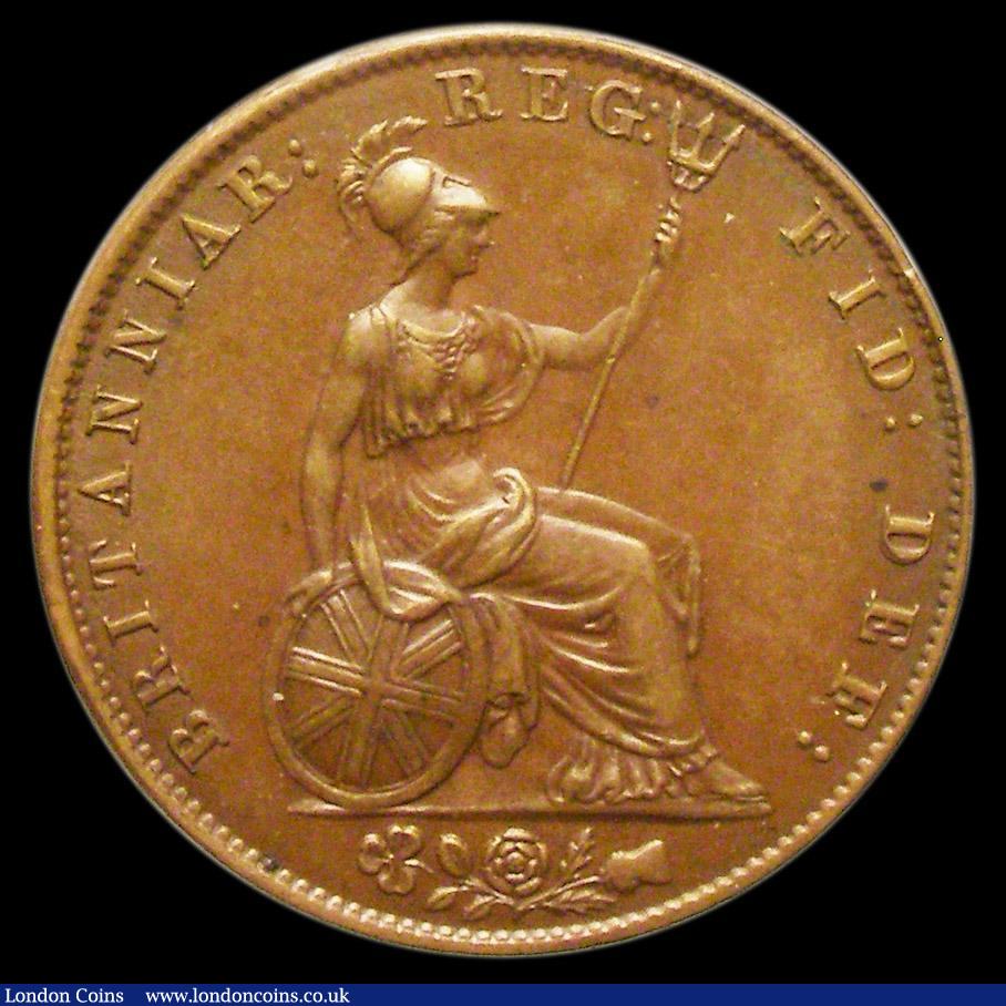 London Coins : A156 : Lot 2348 : Halfpenny 1847 Reverse A, No dots on shield Peck 1531 Toned UNC slabbed and graded LCGS 80, the fine...