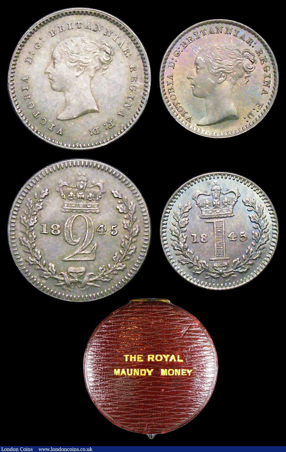 London Coins : A156 : Lot 2403 : Maundy Set 1845 ESC 2455 the Threepence with Small 8 over Large 8, UNC and attractively toned, comes...