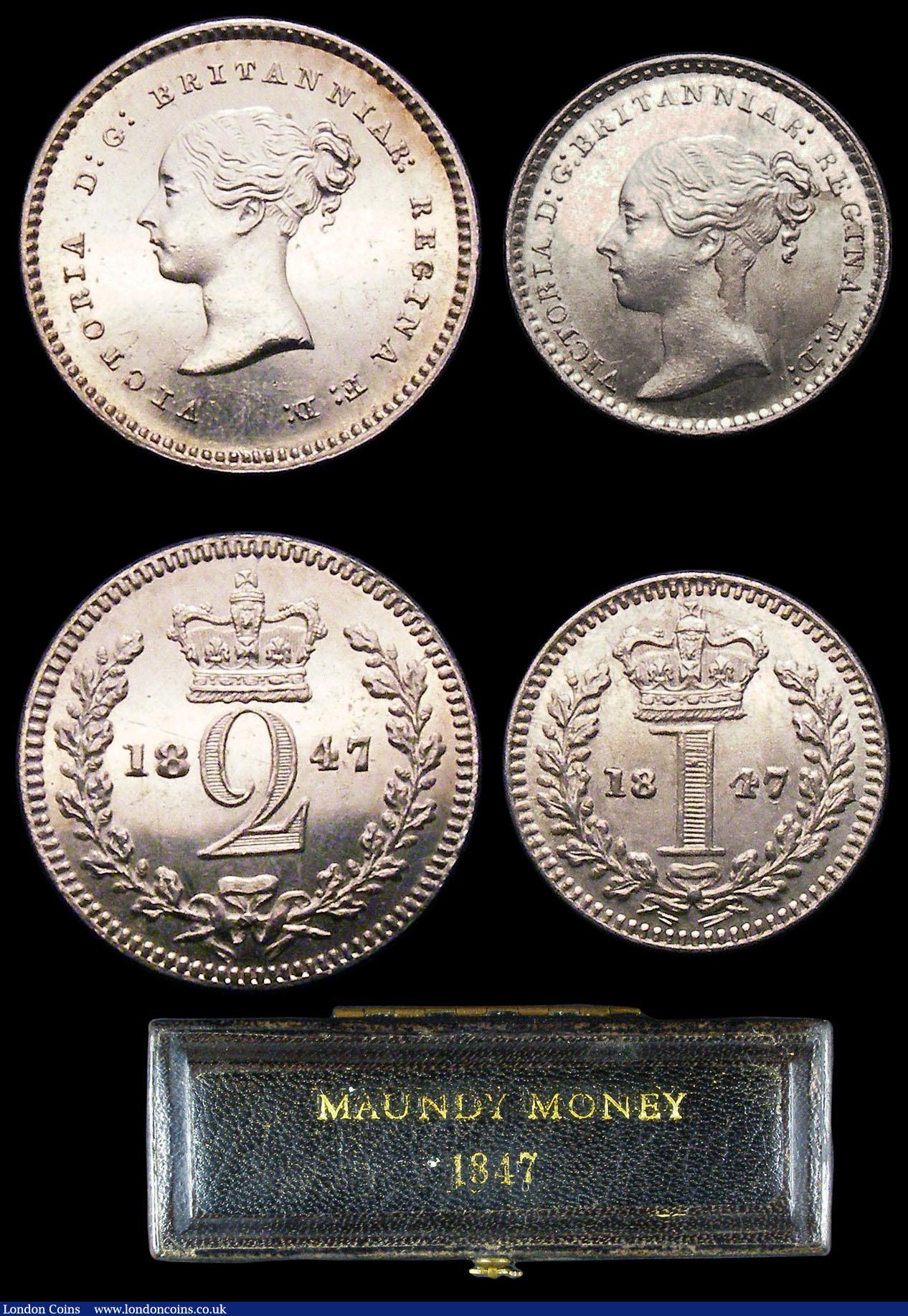 London Coins : A156 : Lot 2405 : Maundy Set 1847 ESC 2457 the Fourpence with 8 over lower 8, the Penny with no horizontal bar to the ...