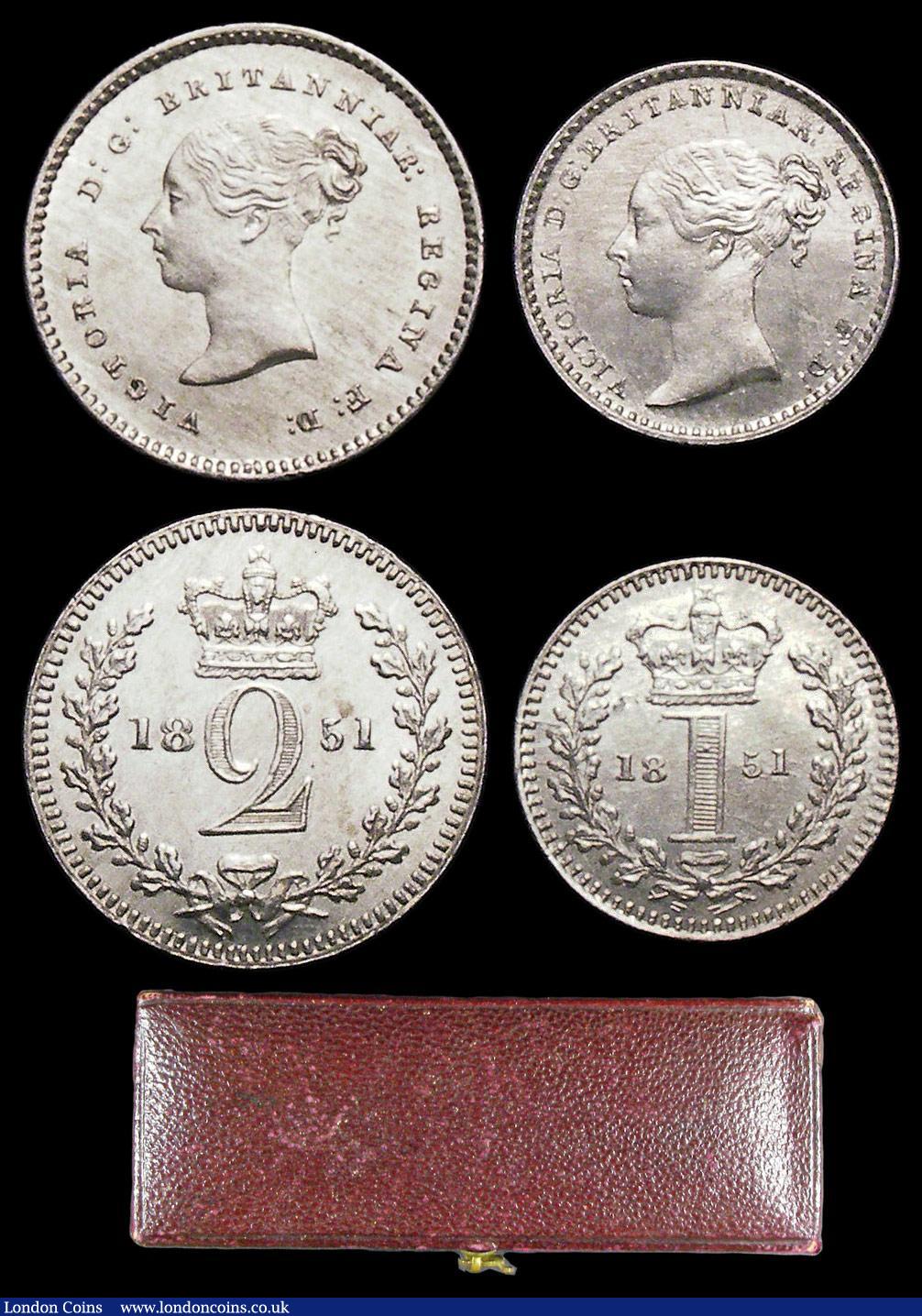 London Coins : A156 : Lot 2409 : Maundy Set 1851 ESC 2461 A/UNC to UNC the Twopence with a couple of small rim nicks, comes in a cont...