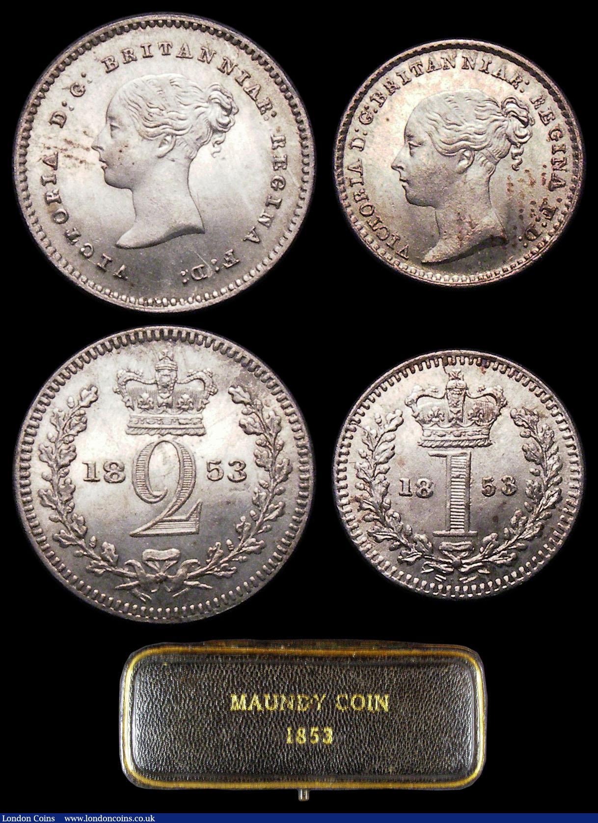 London Coins : A156 : Lot 2411 : Maundy Set 1853 ESC 2463 A/UNC to UNC and lustrous, the Penny and Twopence with some light tone spot...