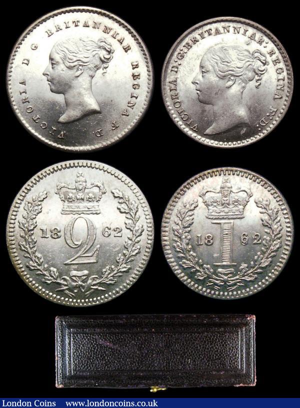 Maundy Set 1862 ESC 2473 the Penny with double struck date, the Twopence and Threepence with a small minting flaw on the obverses, UNC or near so and lustrous, comes with a contemporary undated black case : English Coins : Auction 156 : Lot 2420