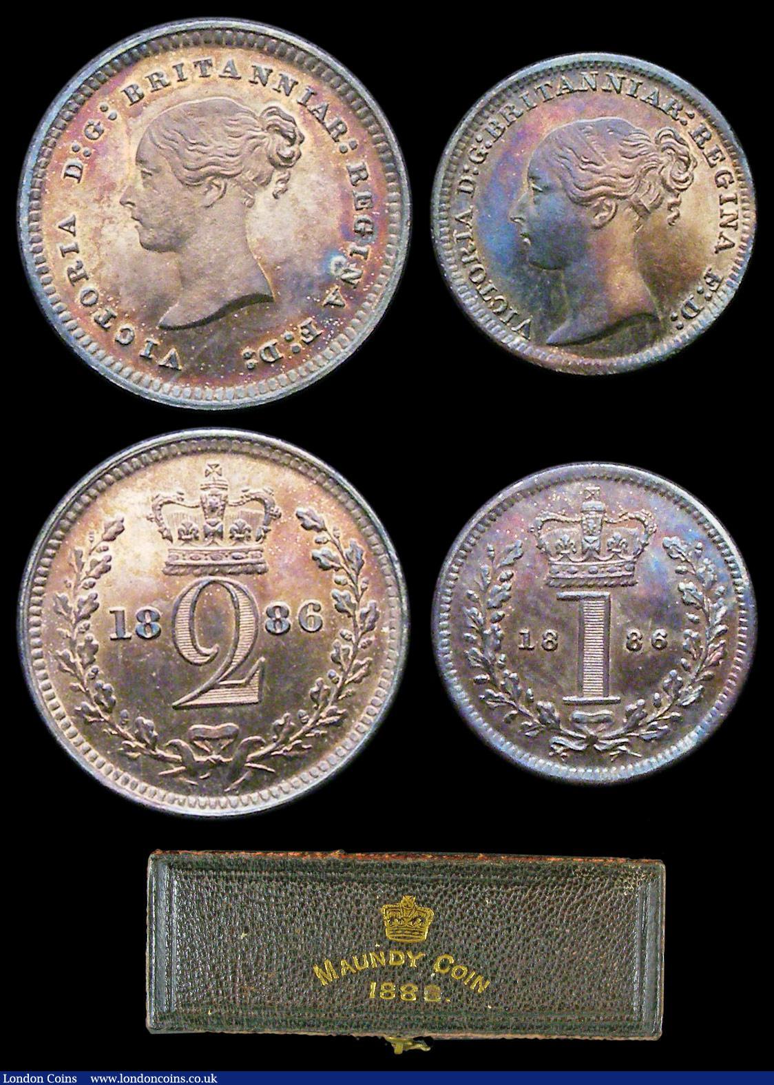 London Coins : A156 : Lot 2444 : Maundy Set 1886 ESC 2500 EF to UNC with a matching colourful tone, the Fourpence and Threepence with...