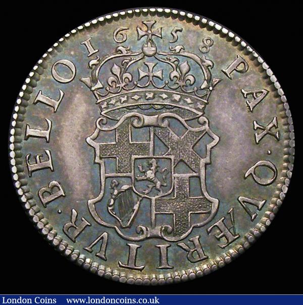 Shilling 1658 Cromwell ESC 1005 NEF and with an attractive and even grey tone, with flashes of blue, green and gold toning in the legends : English Coins : Auction 156 : Lot 2551