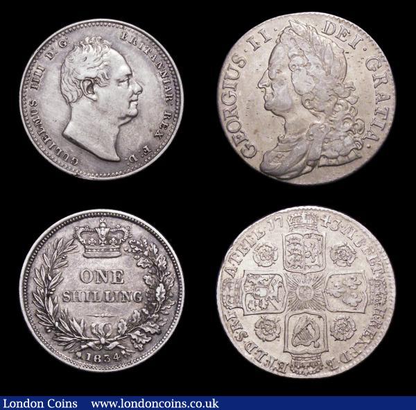 Shillings (4) 1693 ESC 1076 About Fine/Fine, 1700 Fifth Bust, taller 0's in date ESC 1121 About Fine/Fine, 1743 Roses ESC 1203 Fine, 1834 ESC 1268 NVF brushed : English Coins : Auction 156 : Lot 2713