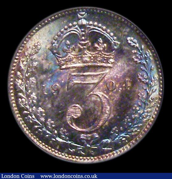 Threepence 1904 Davies 1593 dies 1B, Choice UNC and colourfully toned, slabbed and graded LCGS 88 : English Coins : Auction 156 : Lot 2941