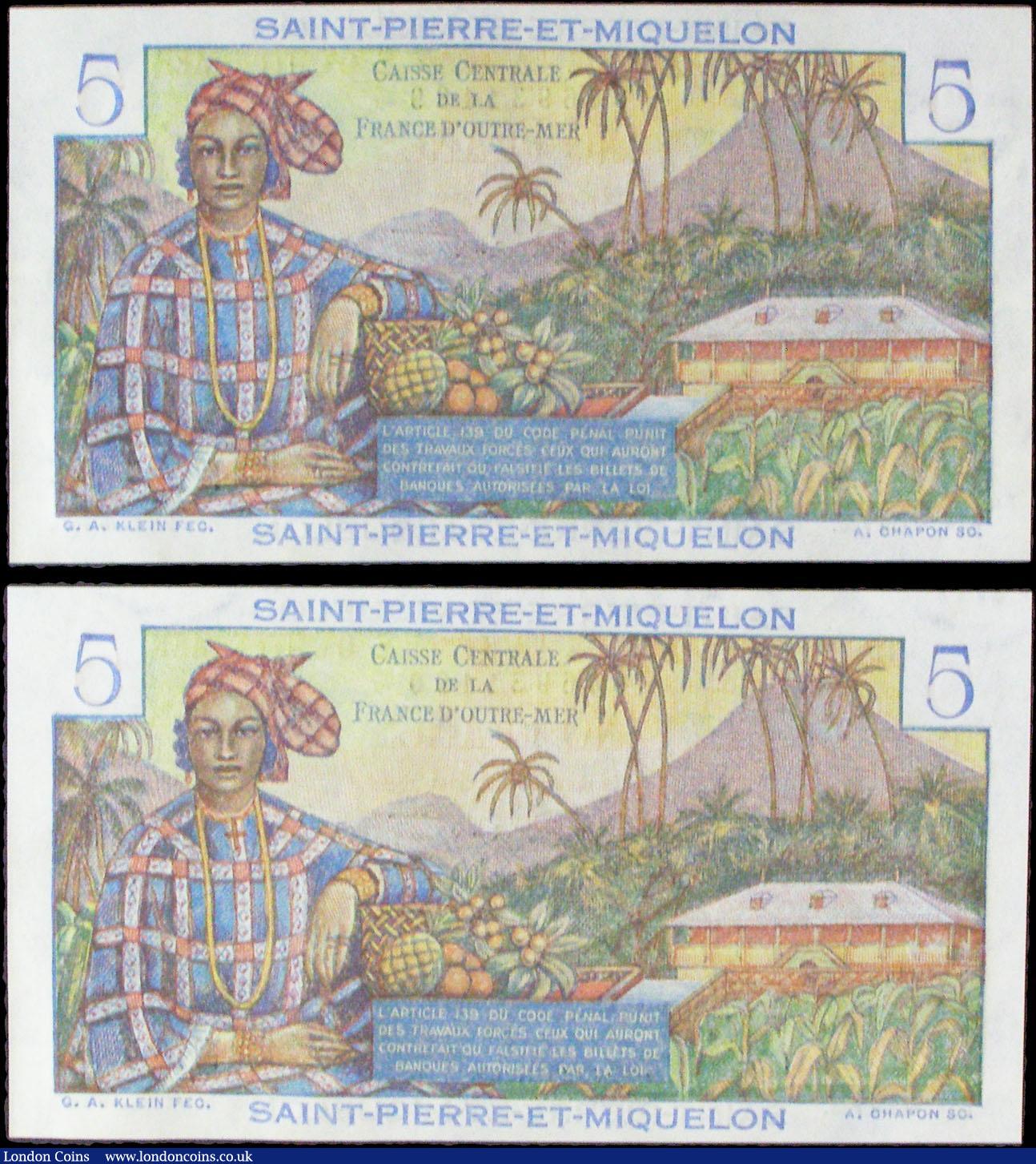 London Coins : A156 : Lot 301 : Saint Pierre & Miquelon 5 francs (2) issued 1950-60, a consecutively numbered pair series U.27 3...