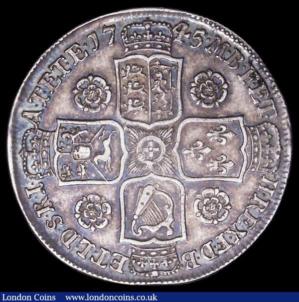Halfcrown 1745 Roses ESC 604, traces of overstriking on the 7, 4 and 5 of the date, About VF/VF and attractively toned : English Coins : Auction 156 : Lot 3306