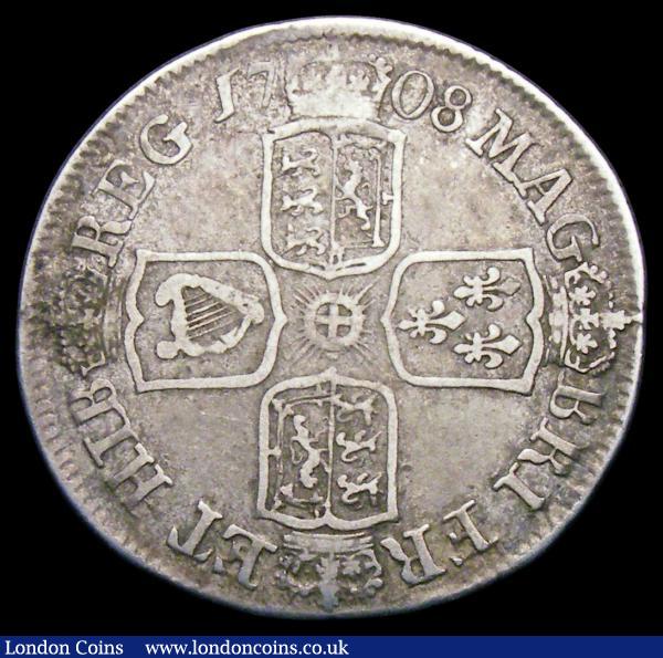 Shilling 1708 E* as ESC 1145, the reverse appears to be a local die with the 1 in the date retrograde, also the reverse with no stops, VG/Fine the variety clear : English Coins : Auction 156 : Lot 3411