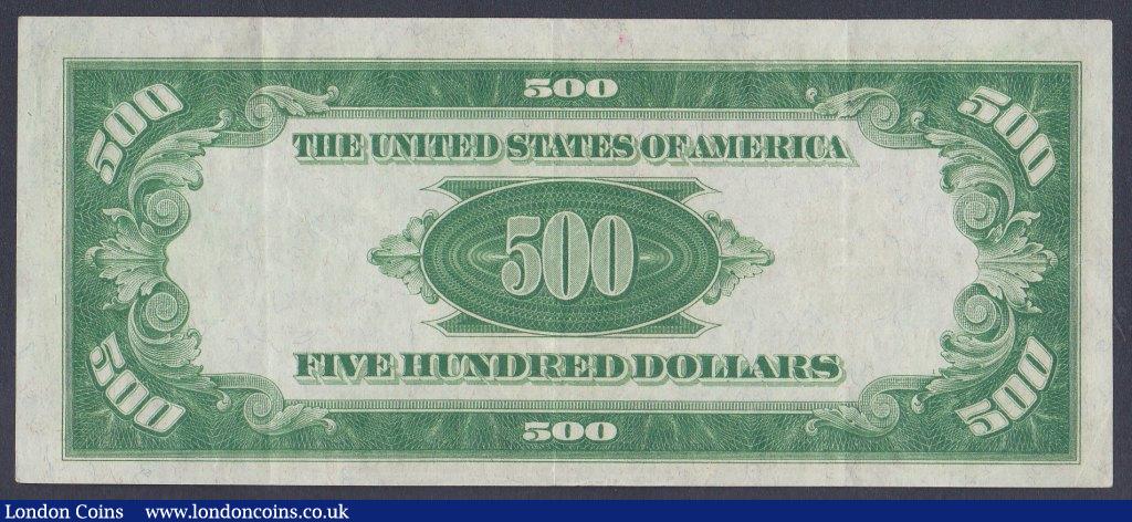 London Coins : A156 : Lot 419 : USA $500 Gold Certificate dated 1928, series A00039233A, signed Woods & Mellon, Pick404 (FR 2407...