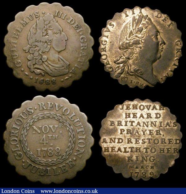 Halfpennies 18th Century Middlesex National Series (3) 1789 Bust of George III/Crown within wreath DH938 in copper Gilt EF with a stain at the top, 1789 Bust of George III/Legend in 8 Lines, scalloped edge DH935 NEF, 1788 Bust of William III/Legend, Date within wreath DH948 Scalloped edge, About Fine/Fine : Tokens : Auction 156 : Lot 791