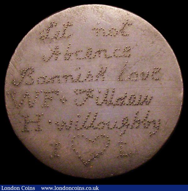 Australia Convict Love Token, appears to be on a 1797 Penny, engraved in dots: Let Not Abcence Bannish Love WF.Filldew H.willoughby IL with a heart at the bottom / Transported fo 7 years Convicted 7th Feb 1832, in pleasing grade with a good edge, scarce thus : Misc Items : Auction 156 : Lot 611