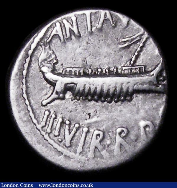 Mark Antony.  Ar denarius.  C, 32-31 BC.  Obv;  ANT. AVG III VIR. R. P. C; praetorian galley to right.  Rev; Aquila between two signa; LEG XX across fields. Crawford 544/36.  3.86g.  NVF : Ancient Coins : Auction 157 : Lot 1794
