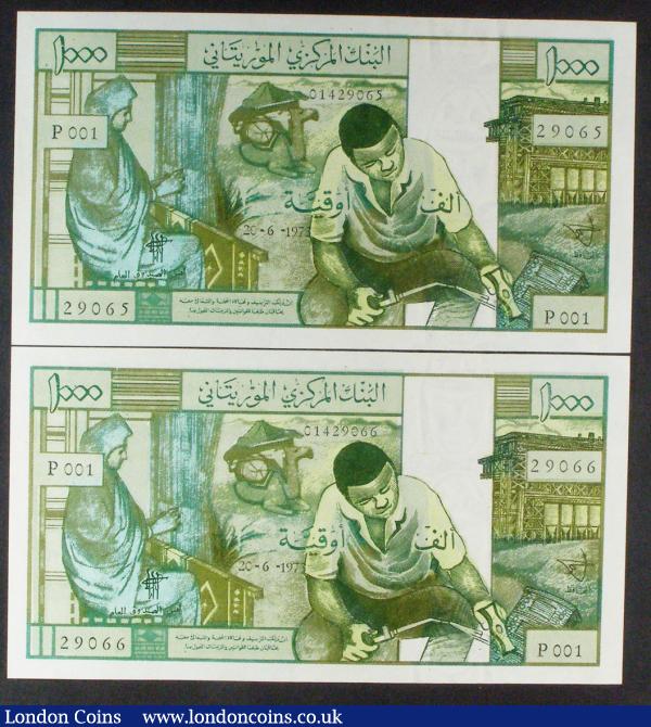Mauritania 1000 Ouguiya dated 1973 (2) a consecutive pair, series P001, Pick3a, first date type, corner folds, GEF to about UNC and scarce : World Banknotes : Auction 157 : Lot 219