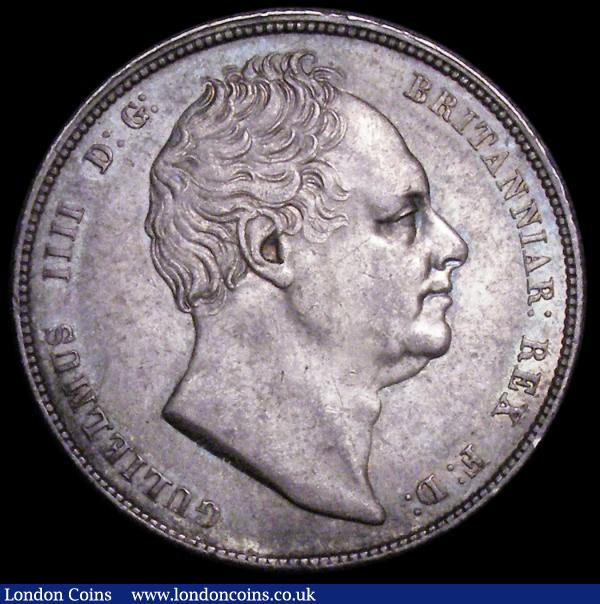 Halfcrown 1837 ESC 667 GEF/AU and with colourful old tone over lustrous fields, some small rim nicks barely detract, Very Rare in this high grade : English Coins : Auction 157 : Lot 2600