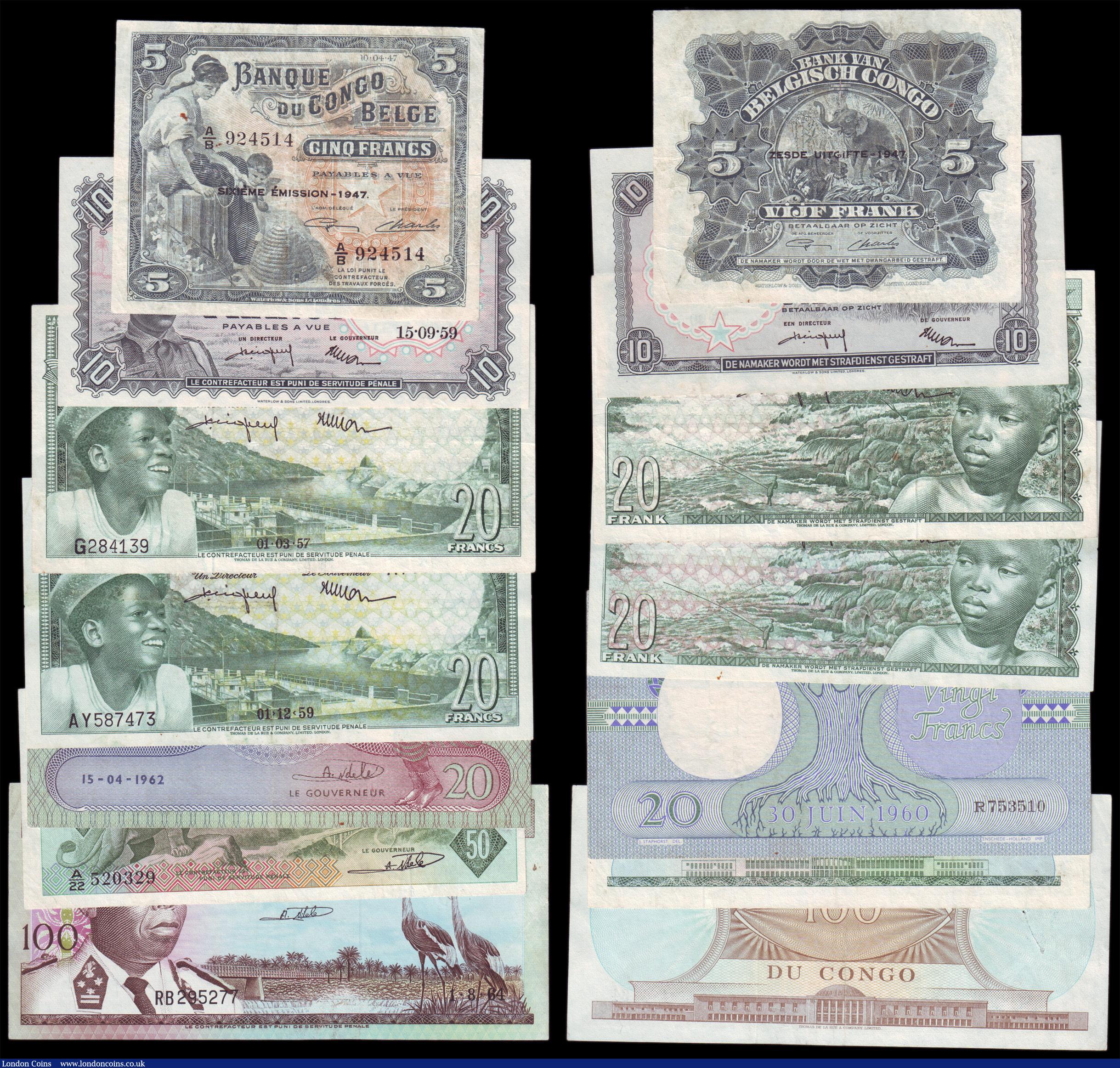 London Coins : A157 : Lot 109 : Belgian Congo (4) 20 Francs (2) 1957 issue Pick 31 NVF, 1959 issue Pick 31 NVF, 10 Francs 1959 issue...