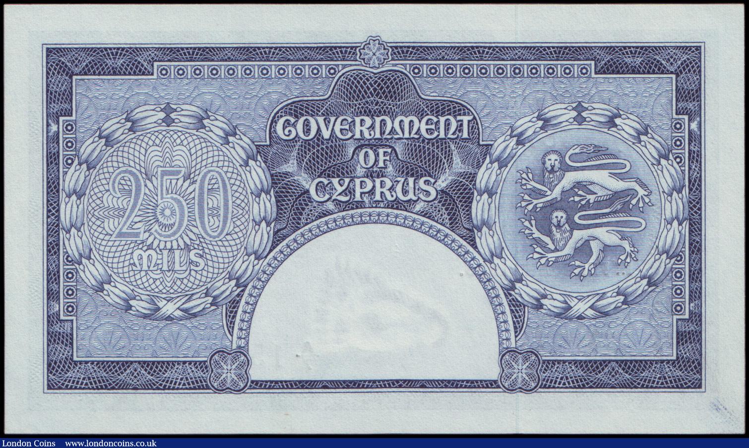 London Coins : A157 : Lot 128 : Cyprus 250 Mils Pick33a, dated 1st February 1956 series A/7 158735, portrait QE2 to right, PCGS grad...
