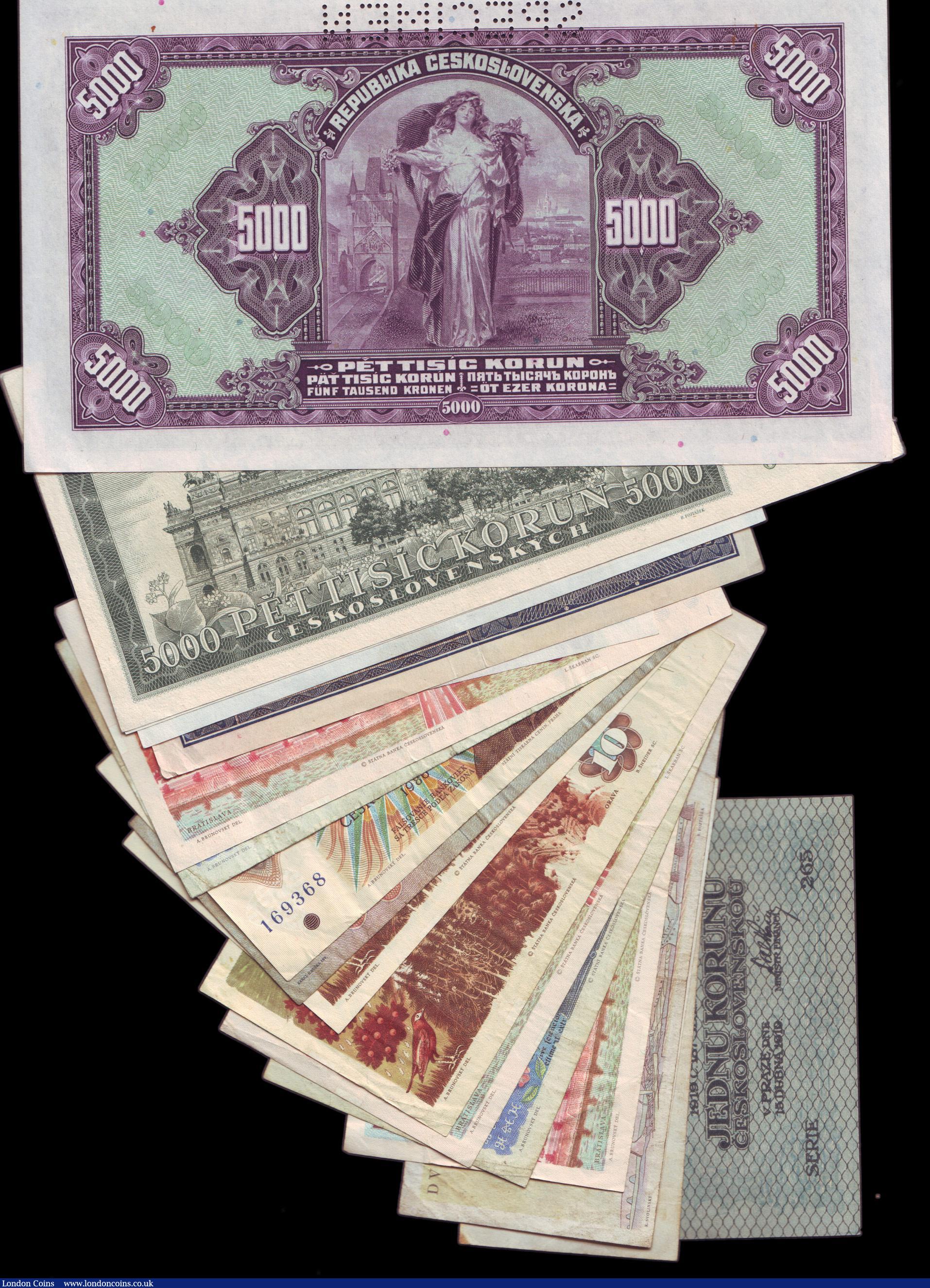London Coins : A157 : Lot 129 : Czechoslovakia (20) 5000 Korun Pick19s perforated specimen dated 1920 about UNC, 100 Korun Pick23s p...
