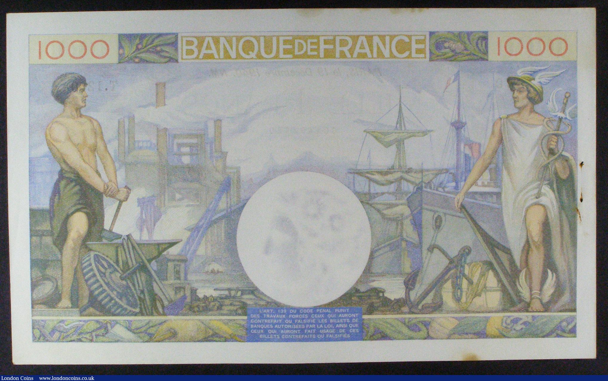 London Coins : A157 : Lot 141 : France 1000 francs dated 19 December 1940 series T.1260, Pick96a, GEF with a couple of small spots