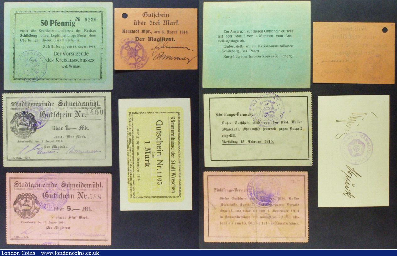 London Coins : A157 : Lot 155 : Germany notgeld (9) includes some earlier 1914 issues plus 1 ruble and 3 ruble Port Kunda Cement Fac...