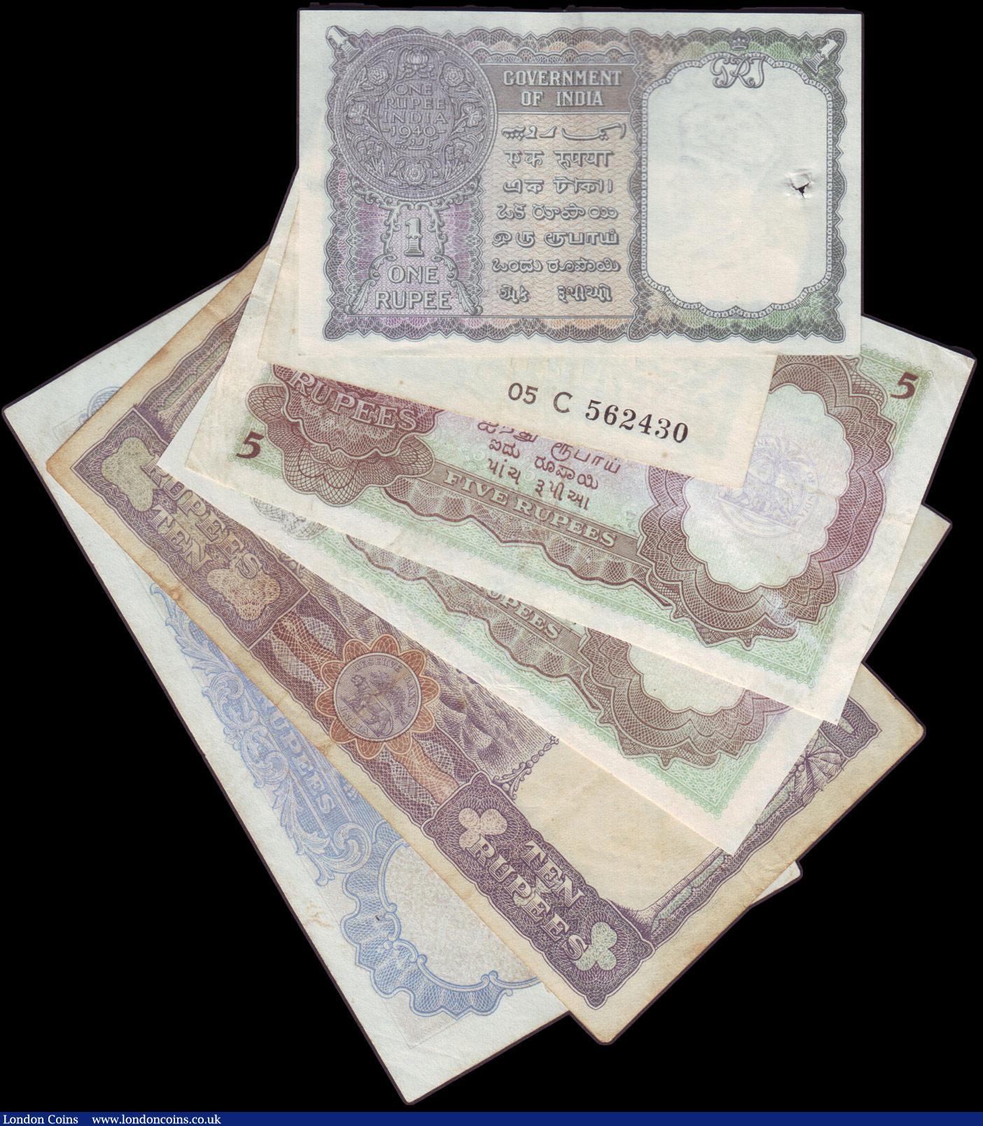 London Coins : A157 : Lot 163 : India (6) 10 Rupees 1937 issue signature Taylor Pick 19a Fine with hole left centre, 10 Rupees 1943 ...