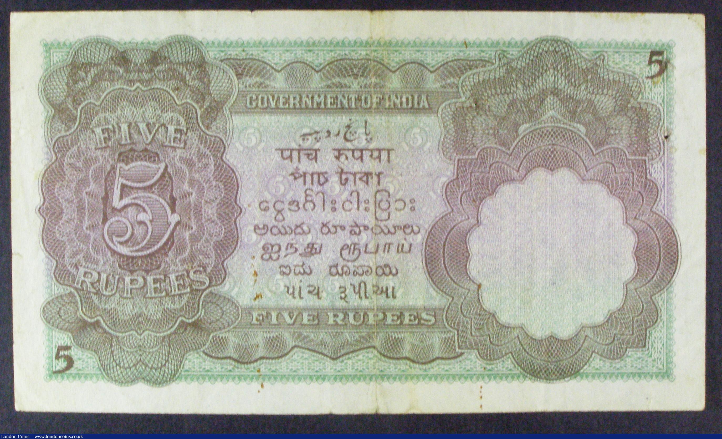 London Coins : A157 : Lot 168 : India 5 Rupees Pick15b, issued 1935 series T/63 246720, signed Kelly, KGV portrait to right, 2 pinho...