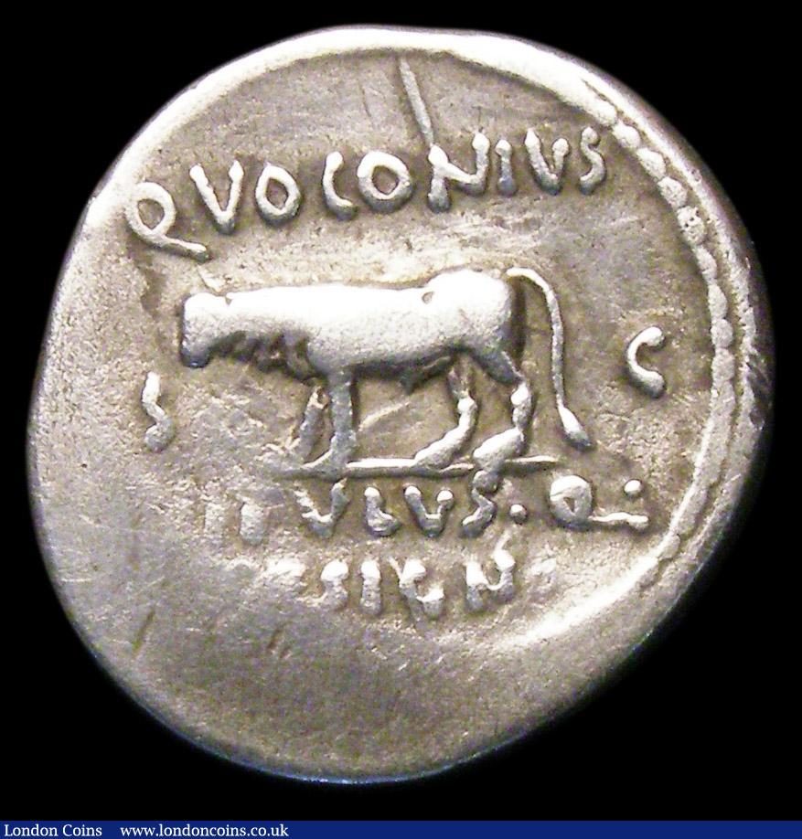 London Coins : A157 : Lot 1760 : Julius Caesar.  Ar denarius.  C, 40 BC.  Rev; Bull-calf walking left; Q&bull;VOCONIVS above, VITVLVS...