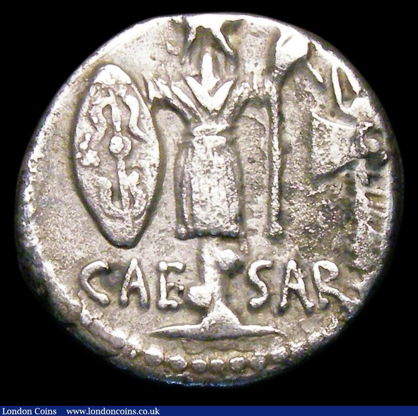 London Coins : A157 : Lot 1765 : Julius Caesar.  Ar denarius.  C, 48 BC. Obv;   Laureate female head (Clementia?) right; LII to left....